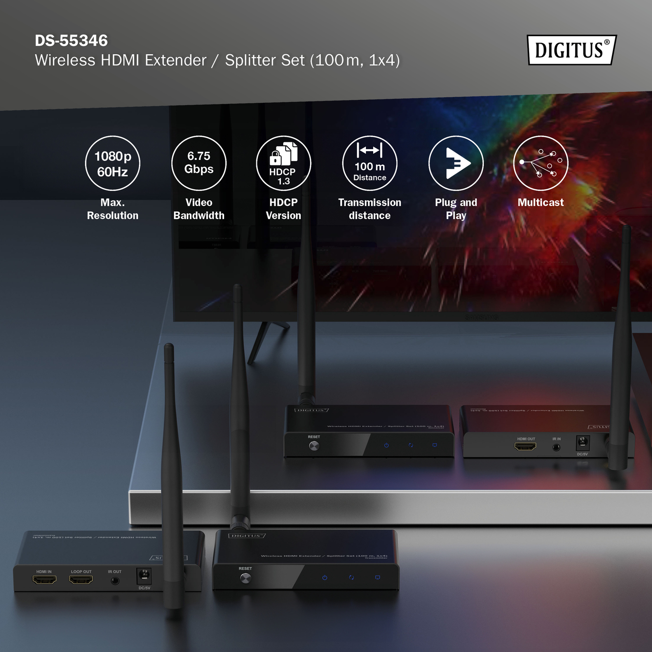 Kabelloses HDMI-Extender-Set mit schwarzen Empfängern und Antennen, Produktinfo im Hintergrund.