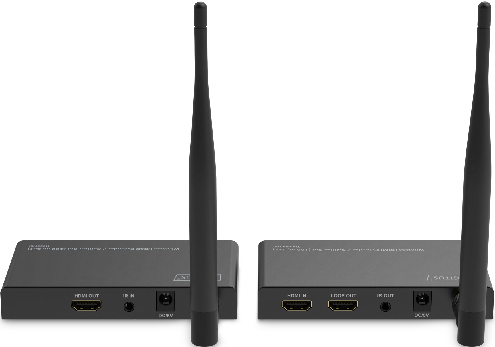 Zwei schwarze drahtlose HDMI-Extender/Splitter mit Antennen. Weißer Hintergrund.