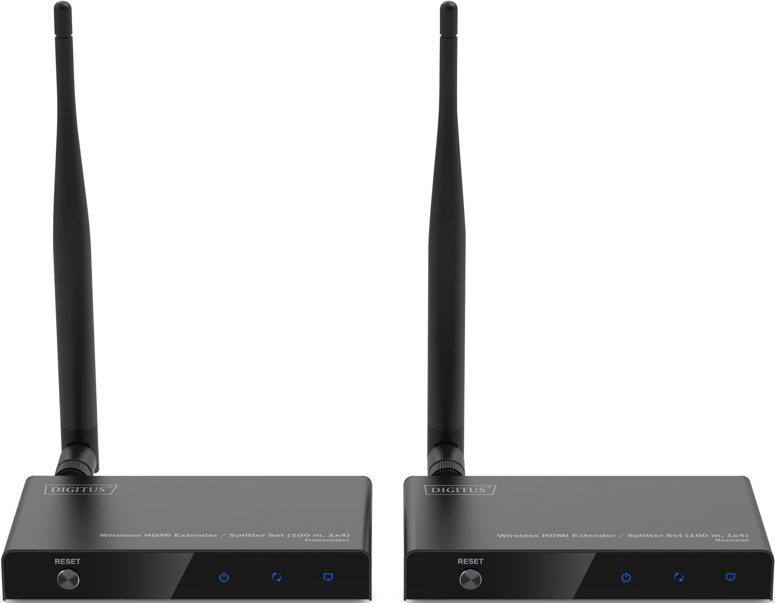 Zwei schwarze drahtlose HDMI-Extender mit Antennen, nebeneinander auf Weiß.