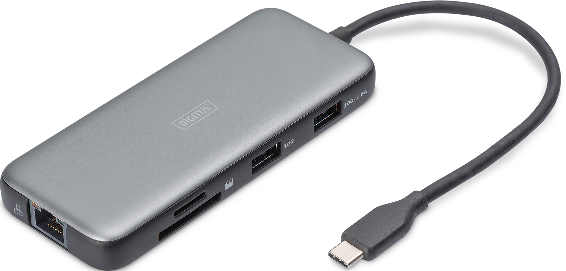Ein silberner Digitus USB-C-Hub mit mehreren Anschlüssen und einem angeschlossenen schwarzen Kabel.