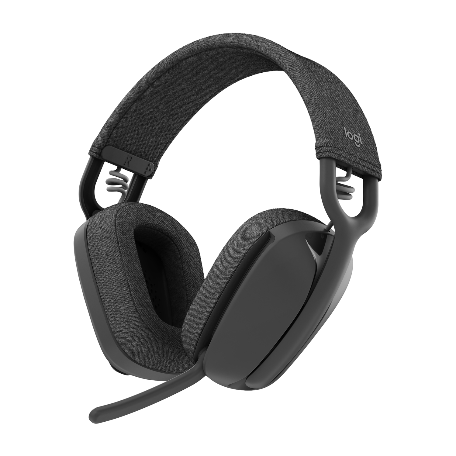 Een zwarte headset met een microfoon op een zwarte achtergrond.