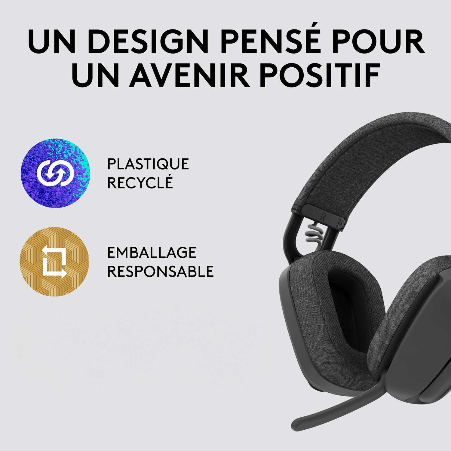 Un casque avec logos de plastique recyclé et emballage responsable.
