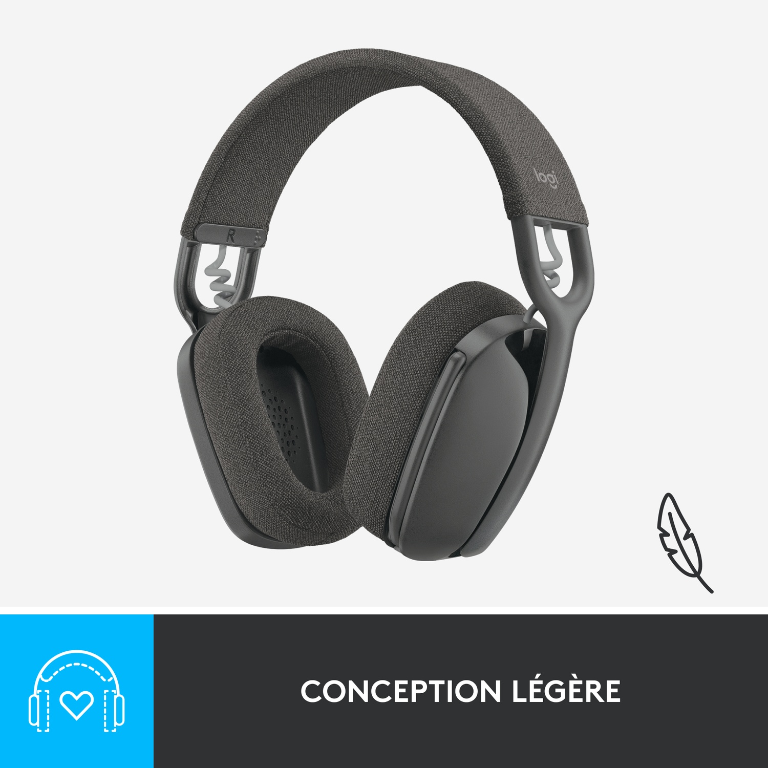 Casque gris au design léger, avec une icône de plume.