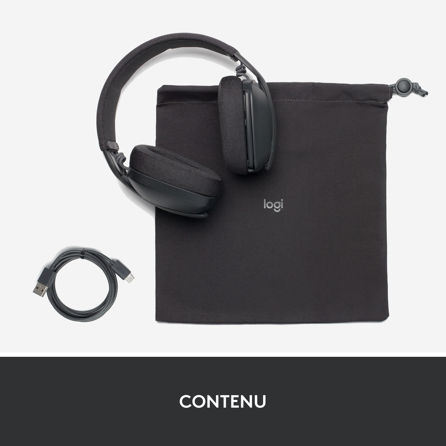 L'image montre un casque noir, un sac de transport noir et un câble USB. Texte : "CONTENU".