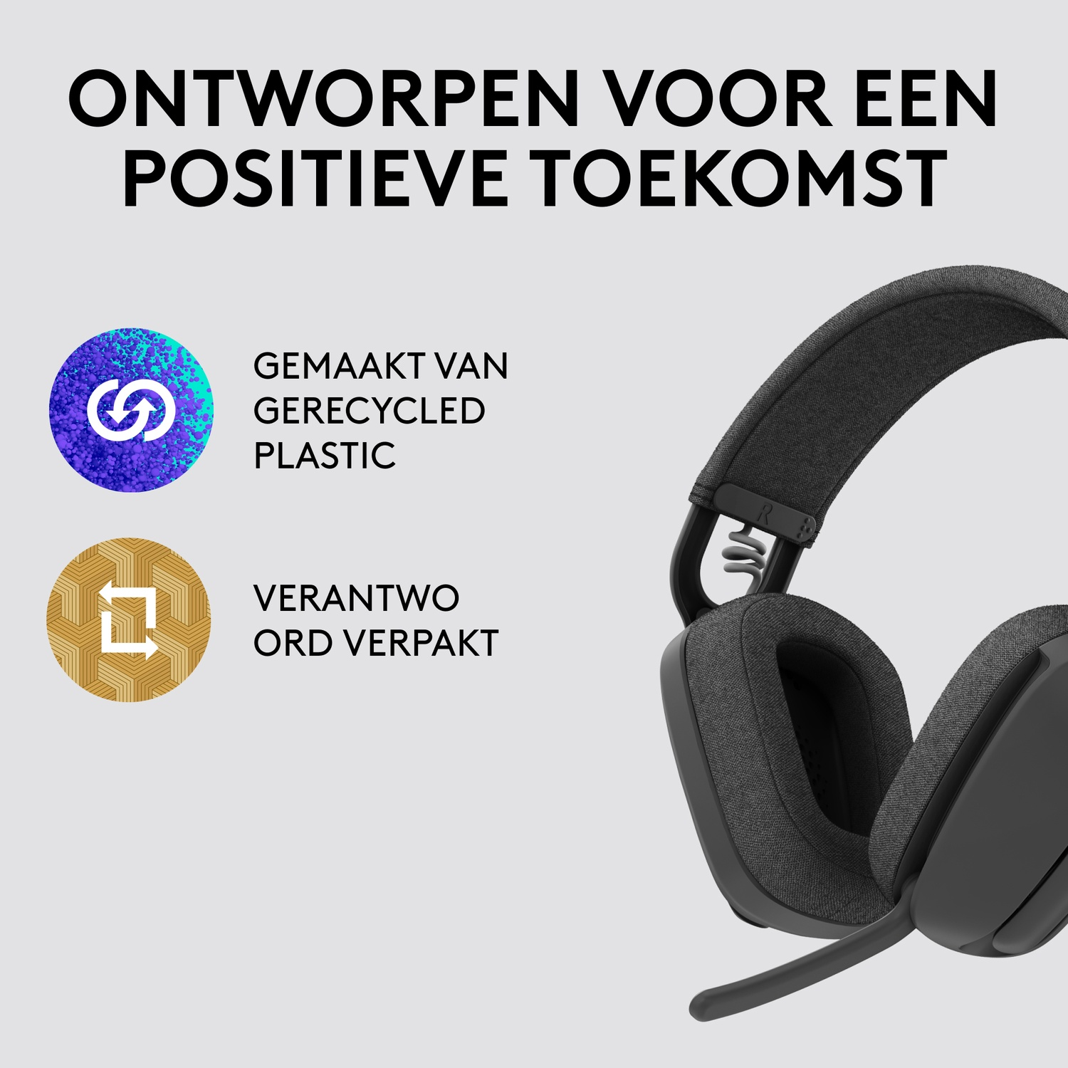 Headphones, made of recycled plastic, in packaging, and text.