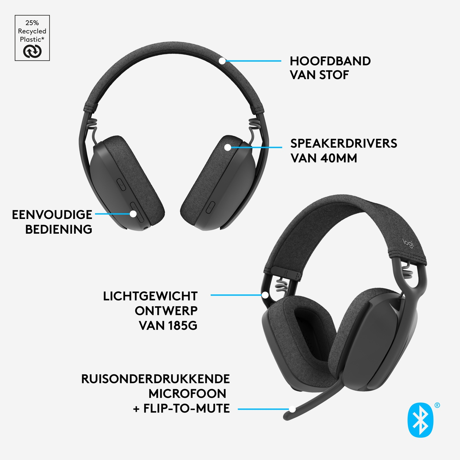 Black headphones, with text describing its features.