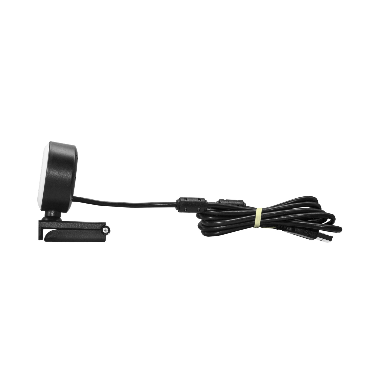 Webcam noire avec câble et adaptateur secteur.