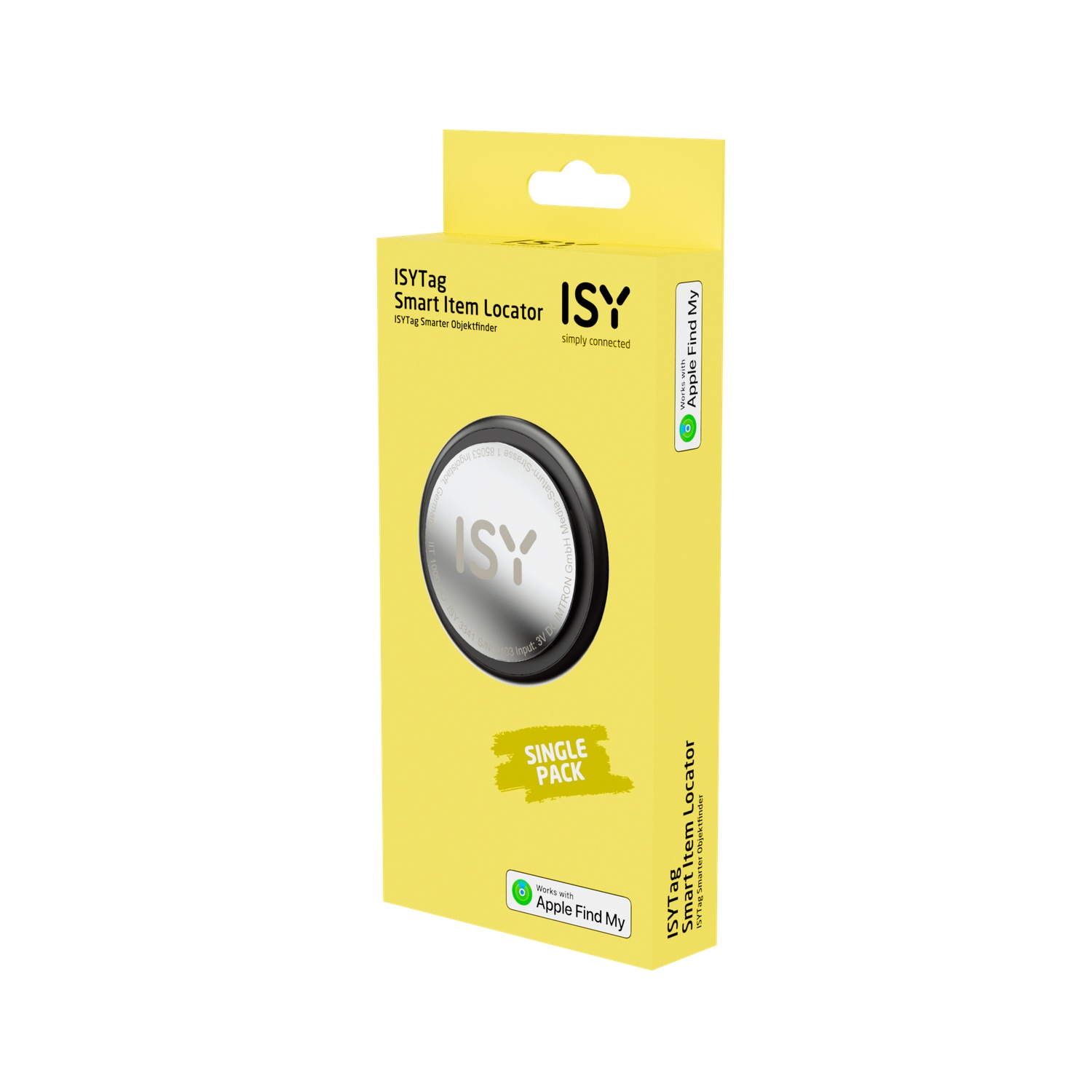 A yellow box of an ISY Smart Item Locator, with a black AirTag inside.