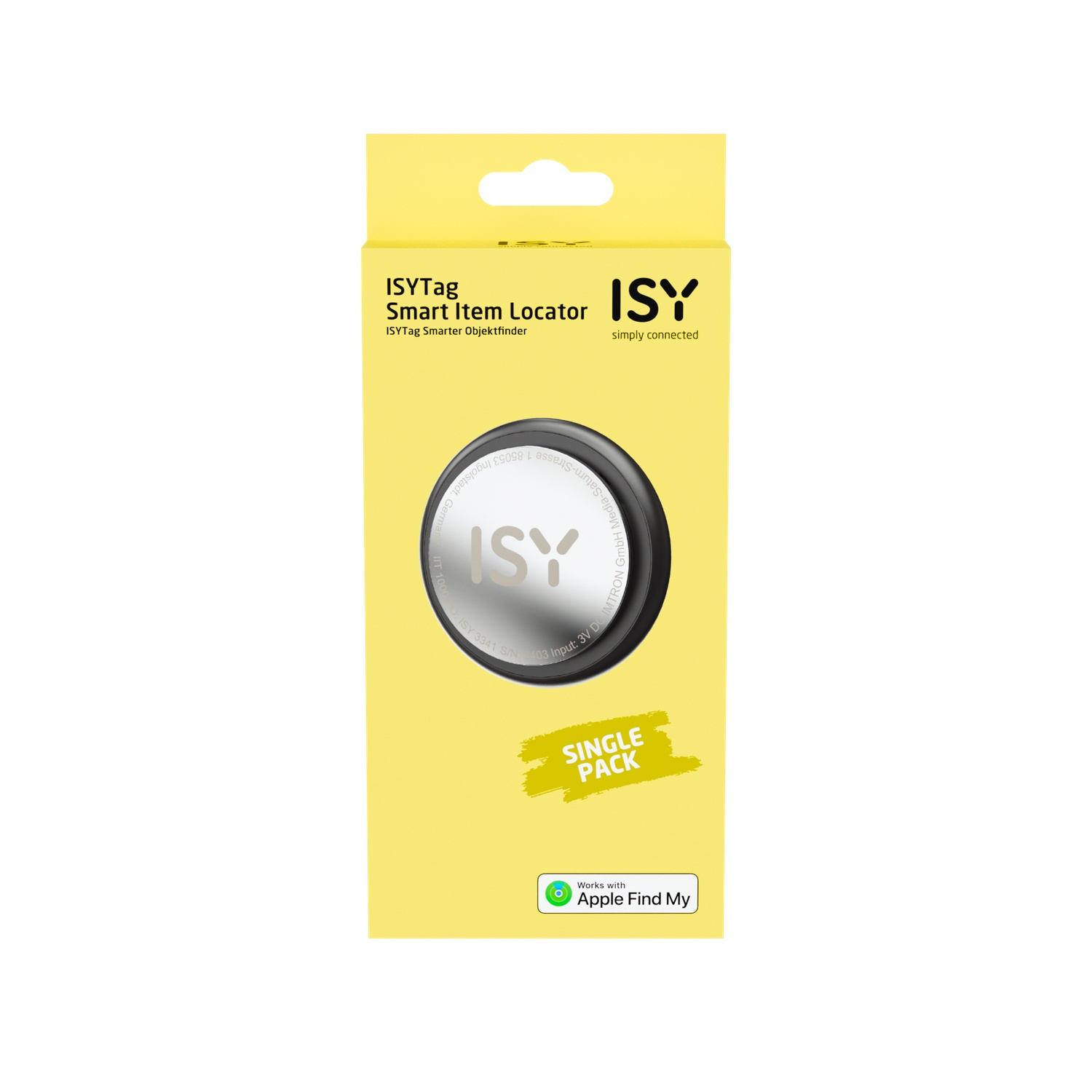 A smart item locator device inside a yellow box, next to a logo.