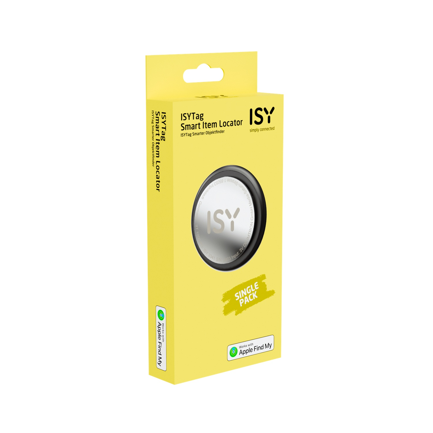 Yellow box with ISYTag, a smart item locator. A silver tag is displayed. Apple Find My logo is on the box.