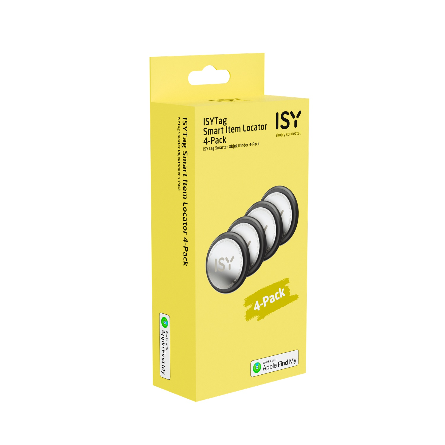 Een gele doos met vier ronde, zwarte ISY slimme objectlocators, met het label '4-Pack'.