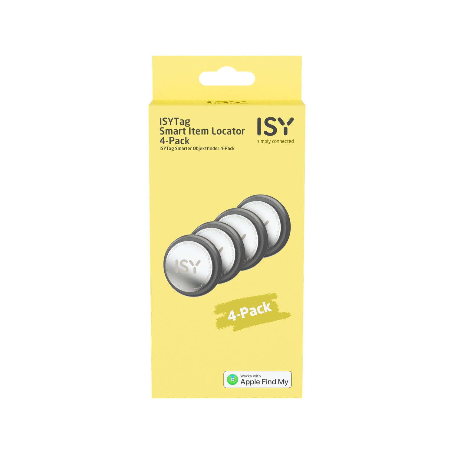Gele doos met vier ISY Smart Item Locators, wit en zilver, Apple Find My compatibel.