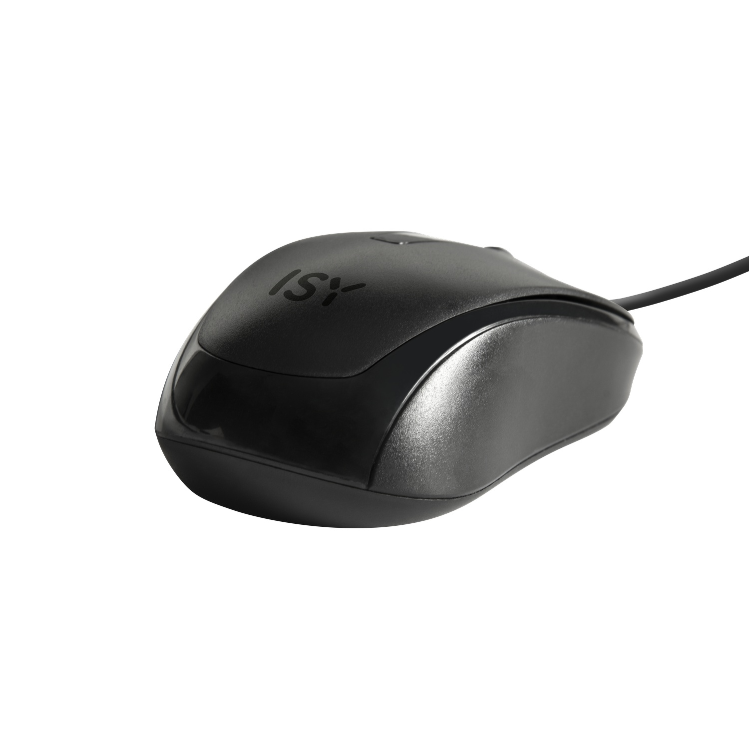 A black computer mouse with the ISY logo on a white background.