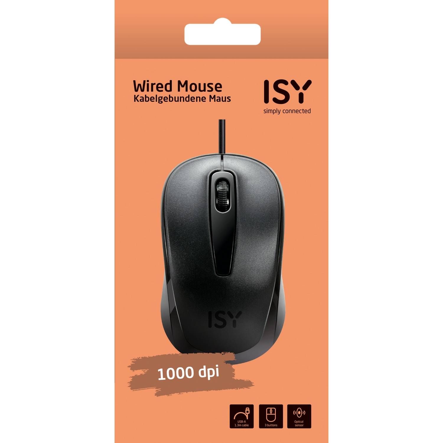 Black wired mouse with a cable and a black and orange packaging.