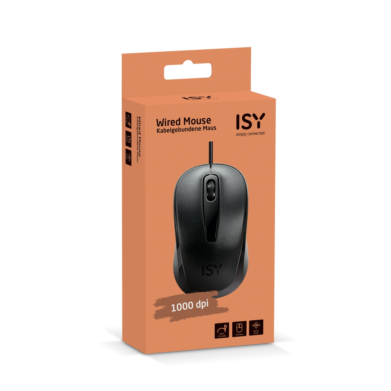 Black computer mouse in a box. Orange background. Text and icons are present.