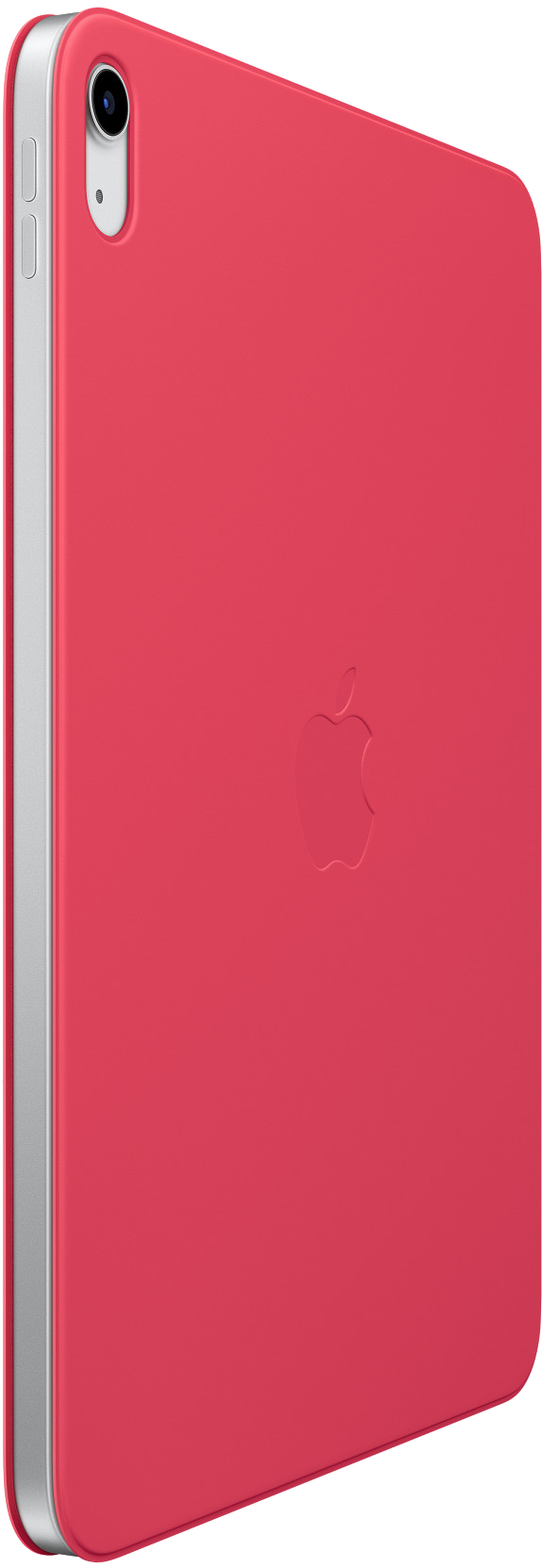 Egy piros iPad Mini oldalnézetből, ezüst szegéllyel és Apple logóval a hátulján.