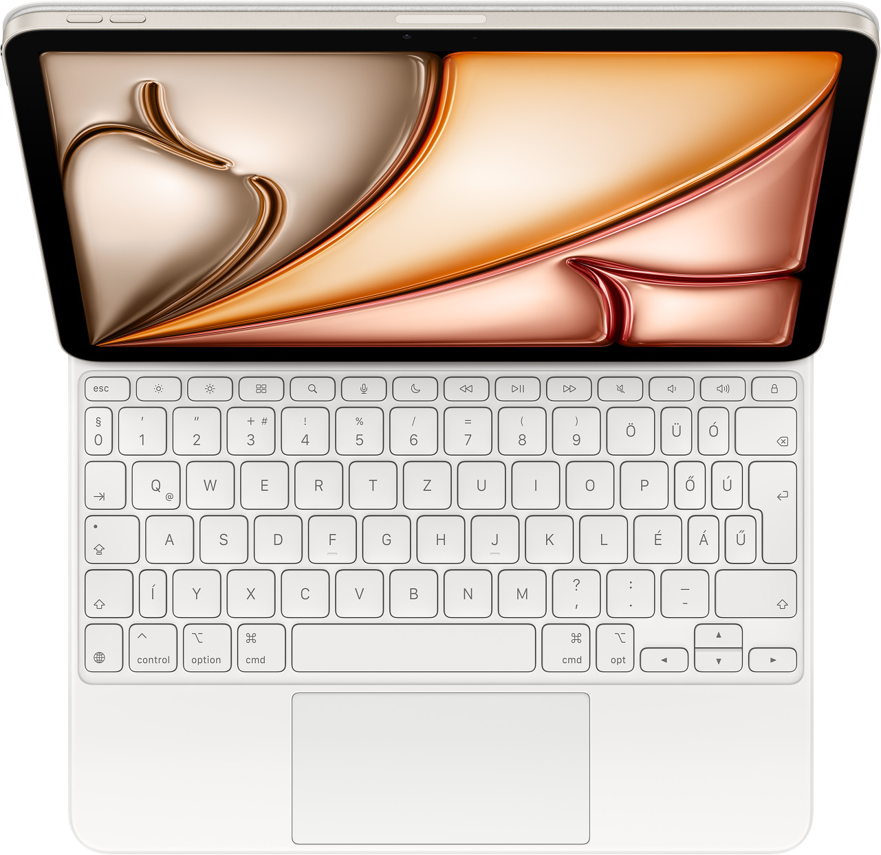 Laptop billentyűzet fehér kerettel és arany belsővel, felülnézet.