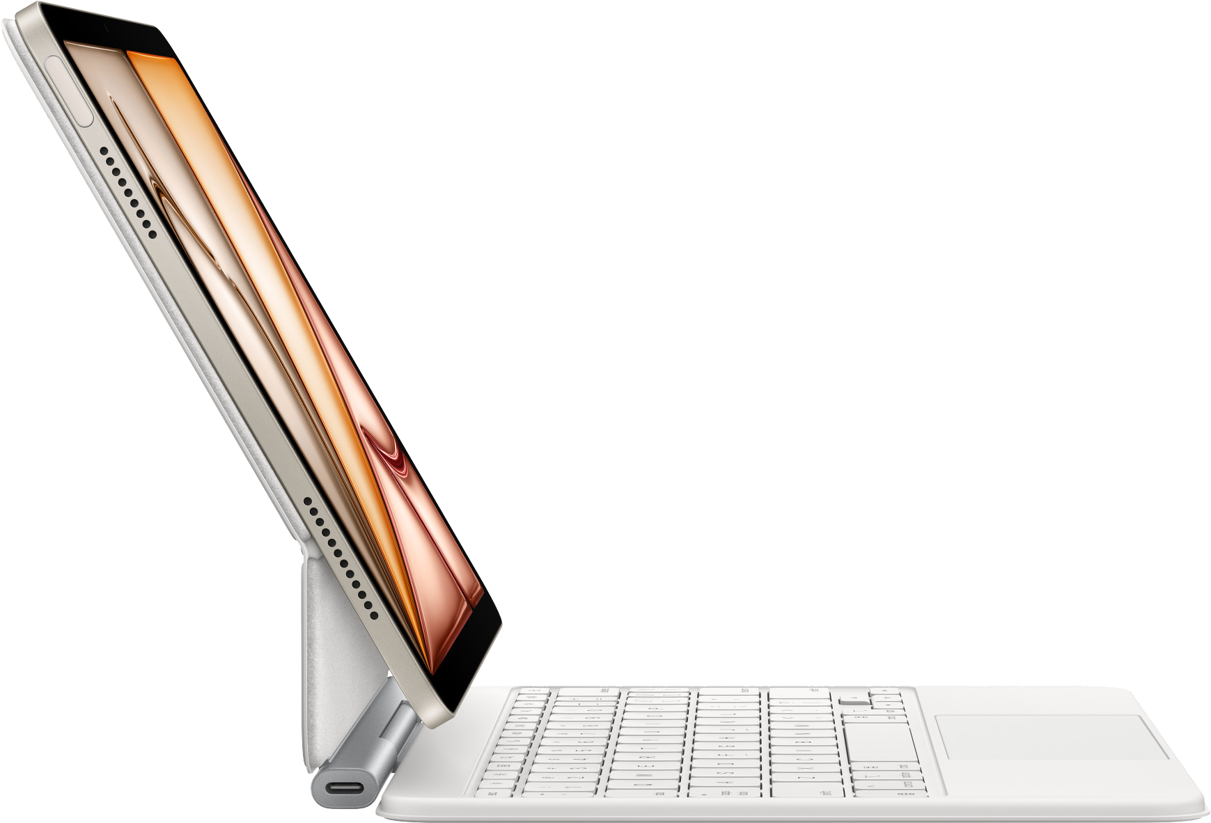Egy fehér tablet billentyűzettel és tollal egy fehér felületen.
