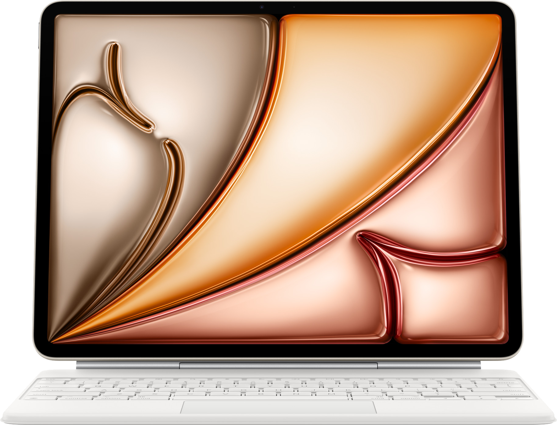 Nyitott laptop, fehér billentyűzettel és képernyővel, absztrakt arany és barna mintával.