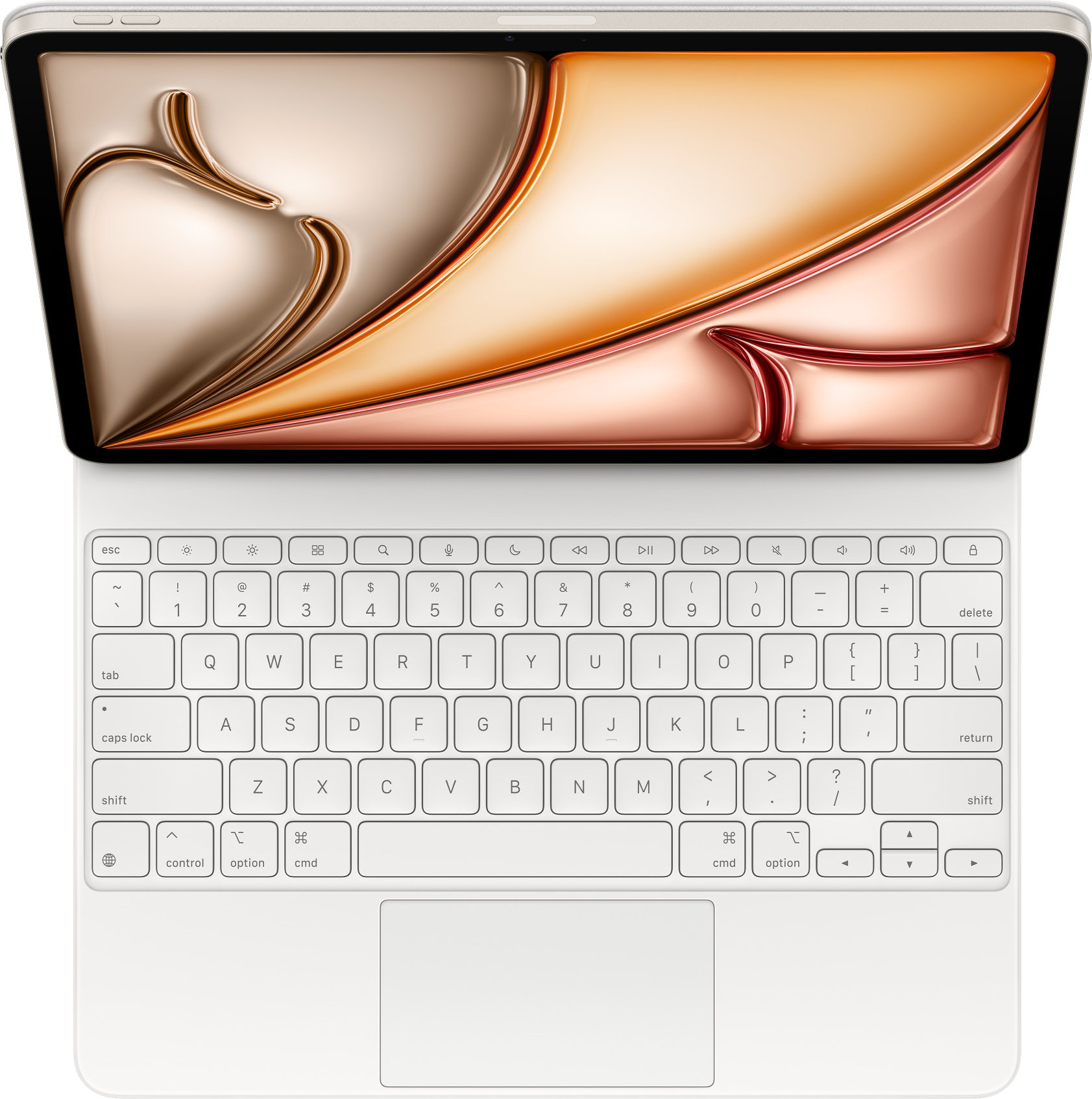 Fehér billentyűzet érintőpaddal és egy tablet képernyővel.