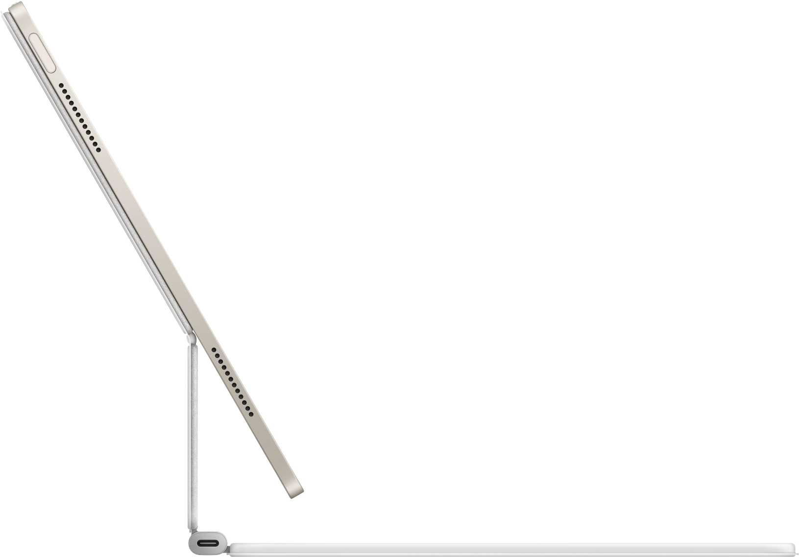 Egy ezüst tablet felállítva, oldalprofilja látható, töltőporttal.