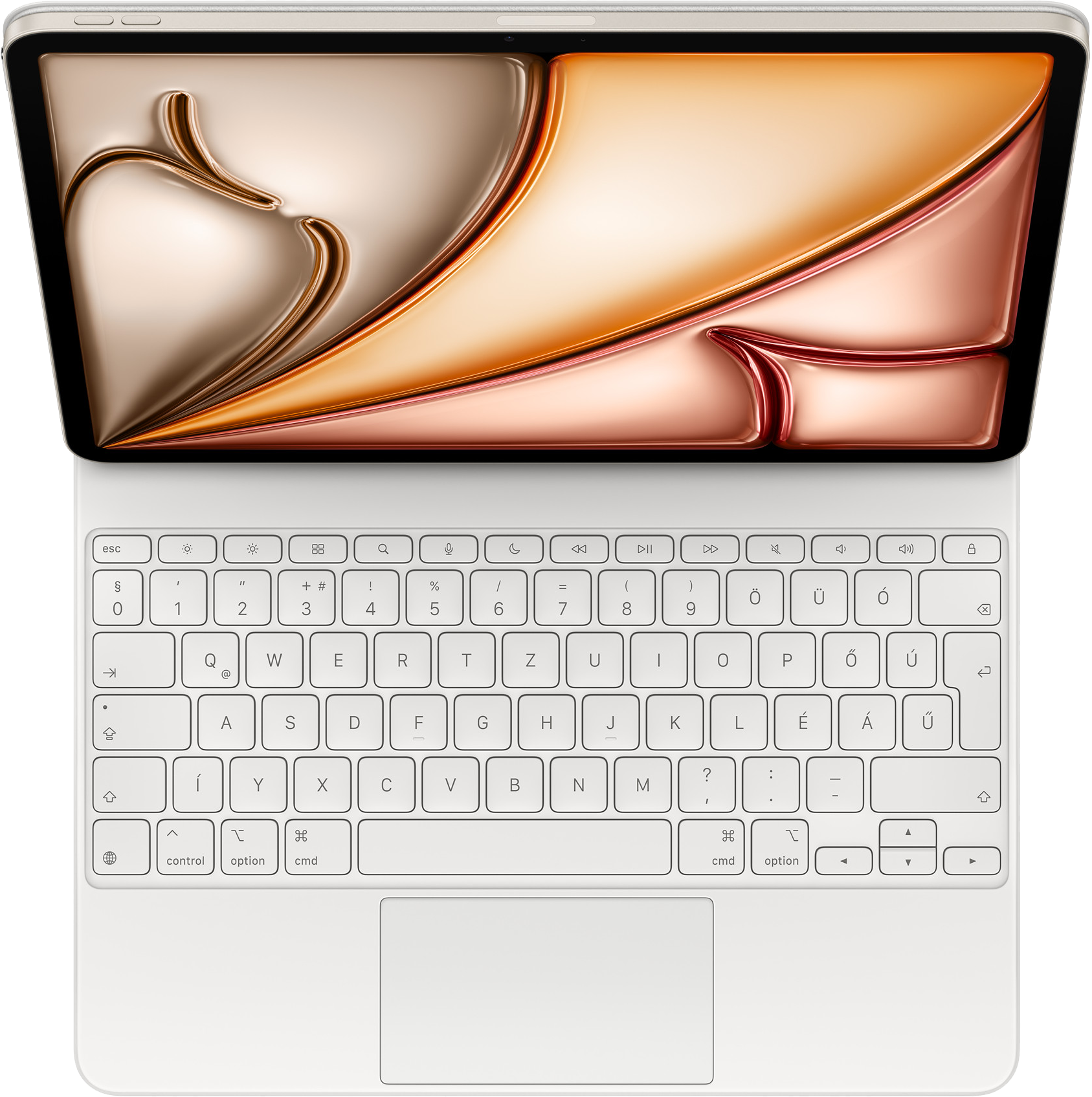 Laptop billentyűzettel. A képernyő fémes dizájnt mutat.
