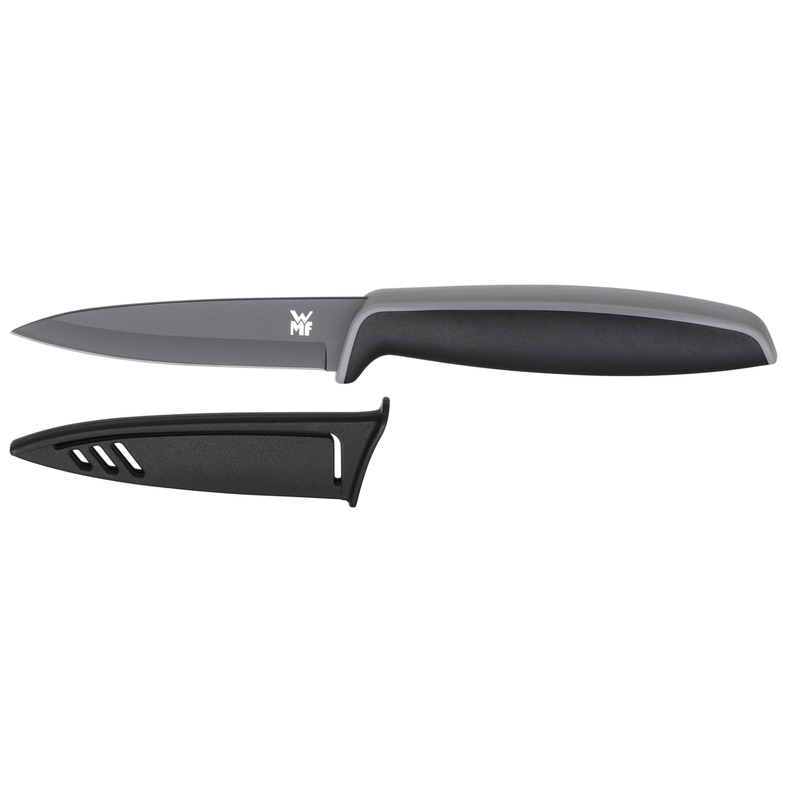 Ein schwarzes Messer mit grauer Klinge und schwarzer Scheide.