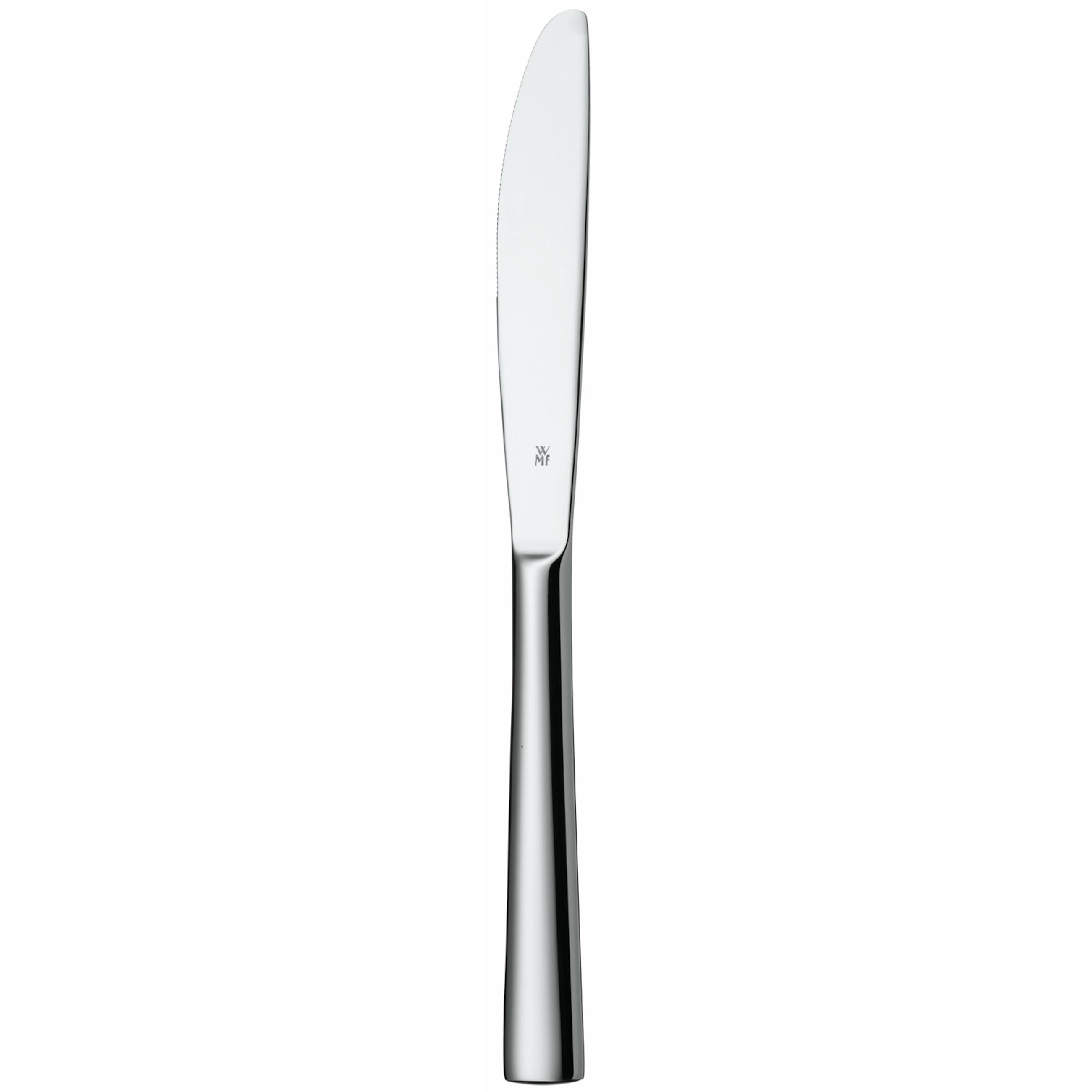 Silbernes Messer mit glatter Klinge und Griff. Der Griff verjüngt sich leicht zur Basis.