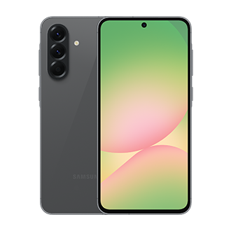 Graues Samsung-Telefon mit drei Rückkameras, grünem und pinkfarbenem Bildschirm, weißer Hintergrund.