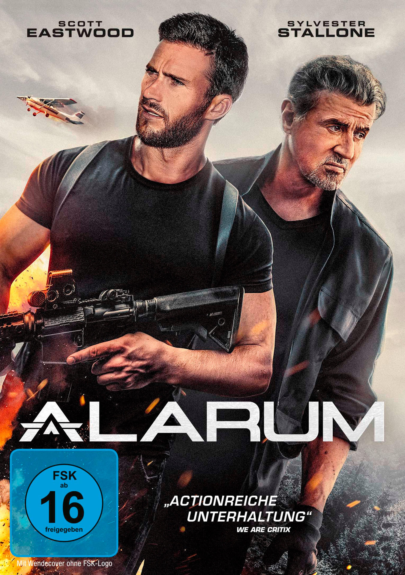 Filmposter mit Scott Eastwood und Sylvester Stallone. Enthält ein Flugzeug und eine Waffe.