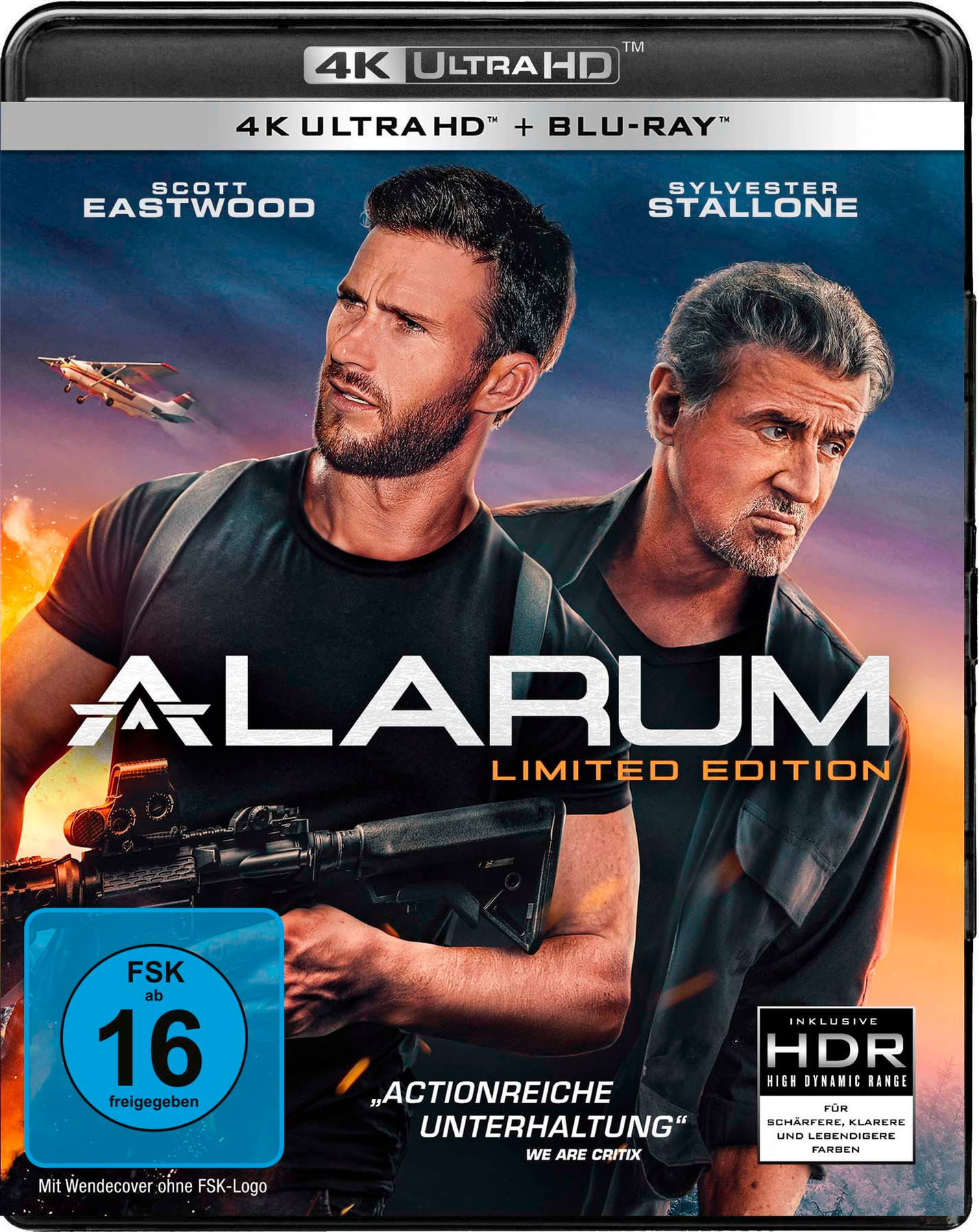 Filmcover mit zwei Männern, einer mit Waffe, mit dem Titel 'ALARUM'.