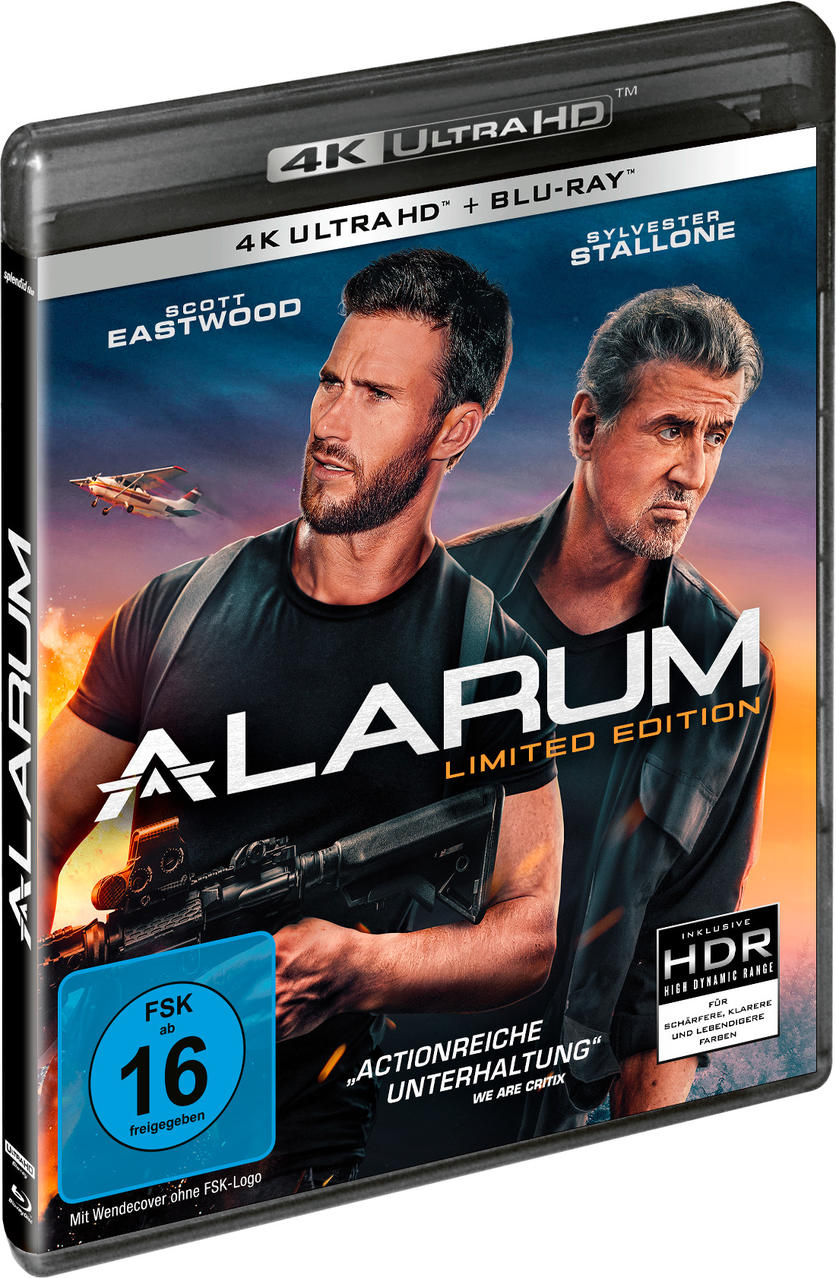 Filmcover mit zwei Männern, einer hält eine Waffe. Der Titel lautet "ALARUM".
