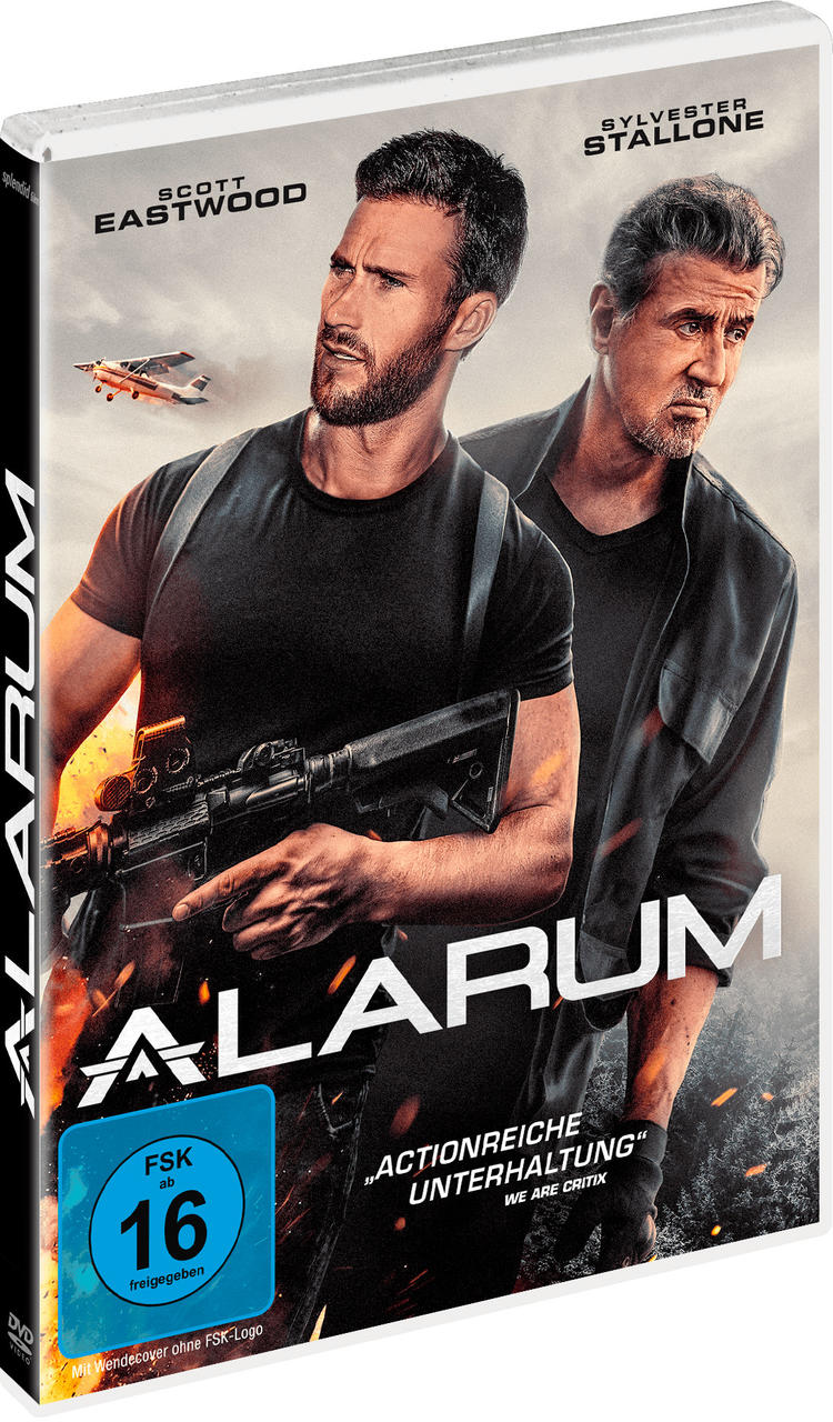 DVD-Cover des Films 'Alarum' mit Scott Eastwood und Sylvester Stallone, mit Flugzeug im Hintergrund.
