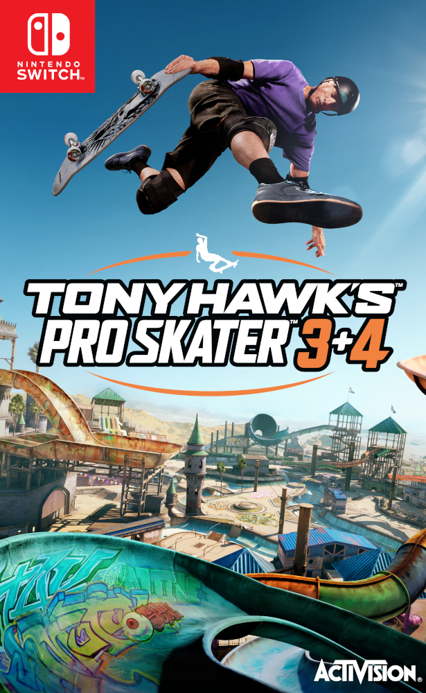 Skateboarder in de lucht op game cover met waterpark op de achtergrond.