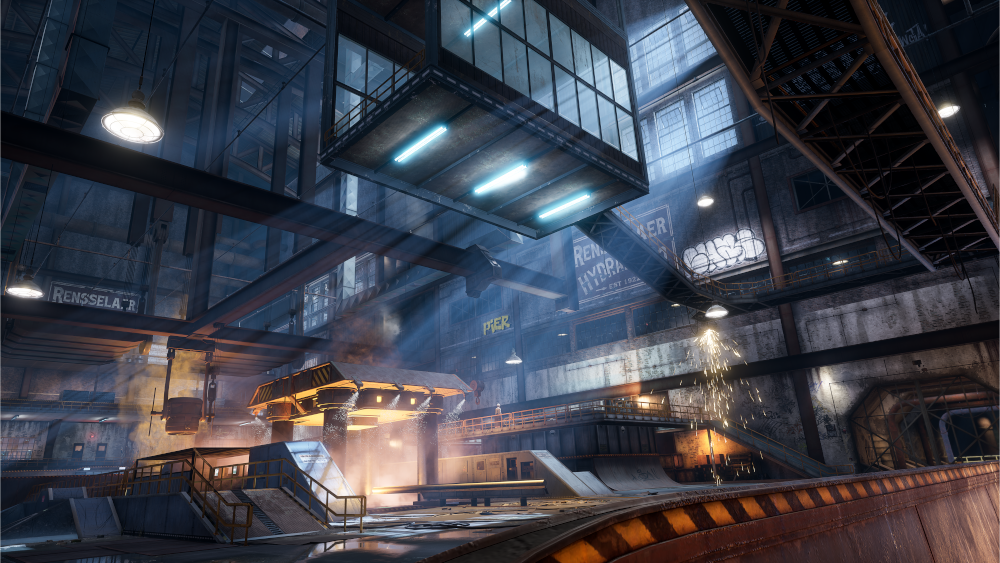 Industrieel interieur met metalen structuren en lichten.