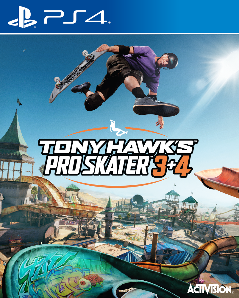 Tony Hawk's Pro Skater 3+4 game cover. Skateboarder in de lucht boven een skatepark met waterglijbanen.