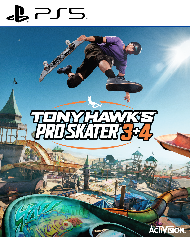 Tony Hawk Pro Skater 3+4 game cover. Skateboarder in de lucht. Playstation 5 logo.