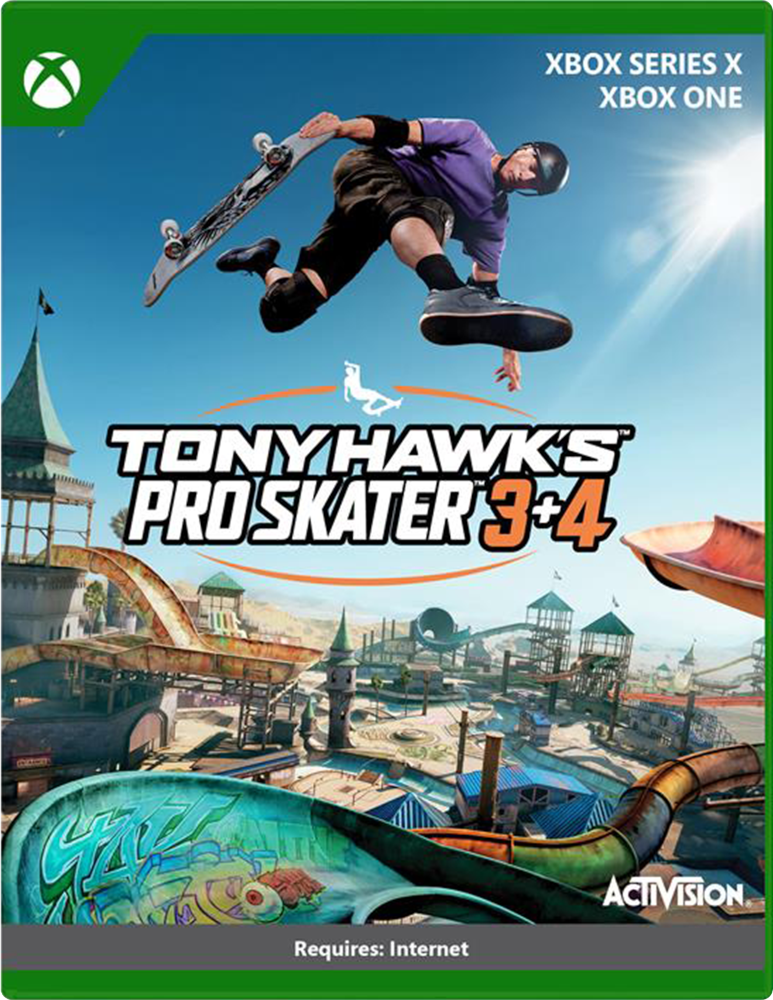 Een game-omslag met een skateboarder in de lucht boven een skatepark. De titel is 'Tony Hawk's Pro Skater'.