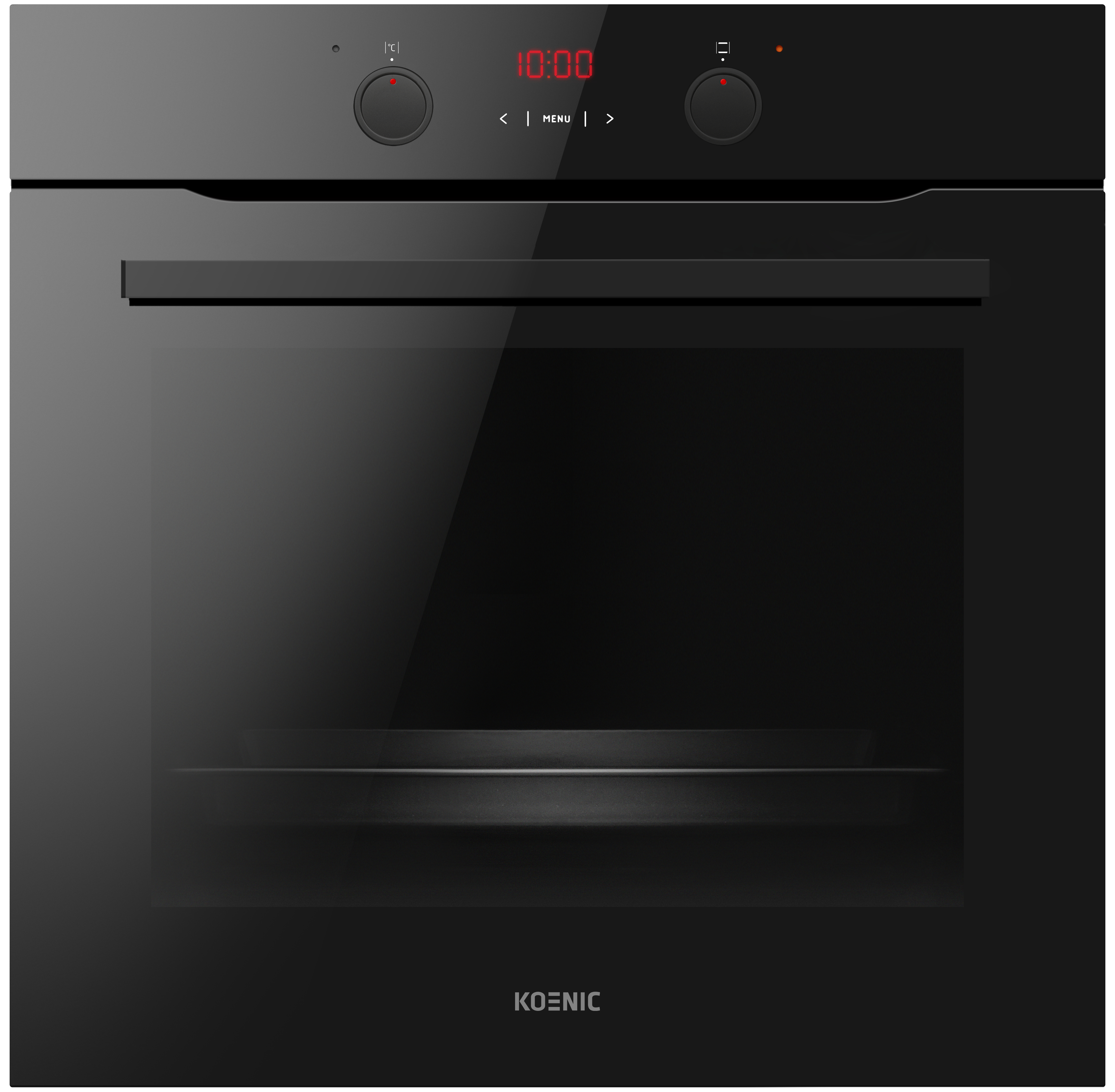 Schwarzer Koenic-Backofen mit Digitaluhr und Bedienelementen vorne.