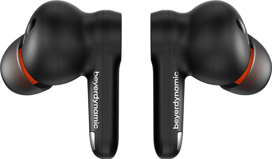 Dwa czarne bezprzewodowe słuchawki douszne, z napisem 'beyerdynamic' z boku.