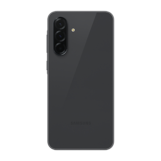 Schwarzes Samsung-Handy mit drei Kameras und Samsung-Logo auf schwarzer Rückseite.
