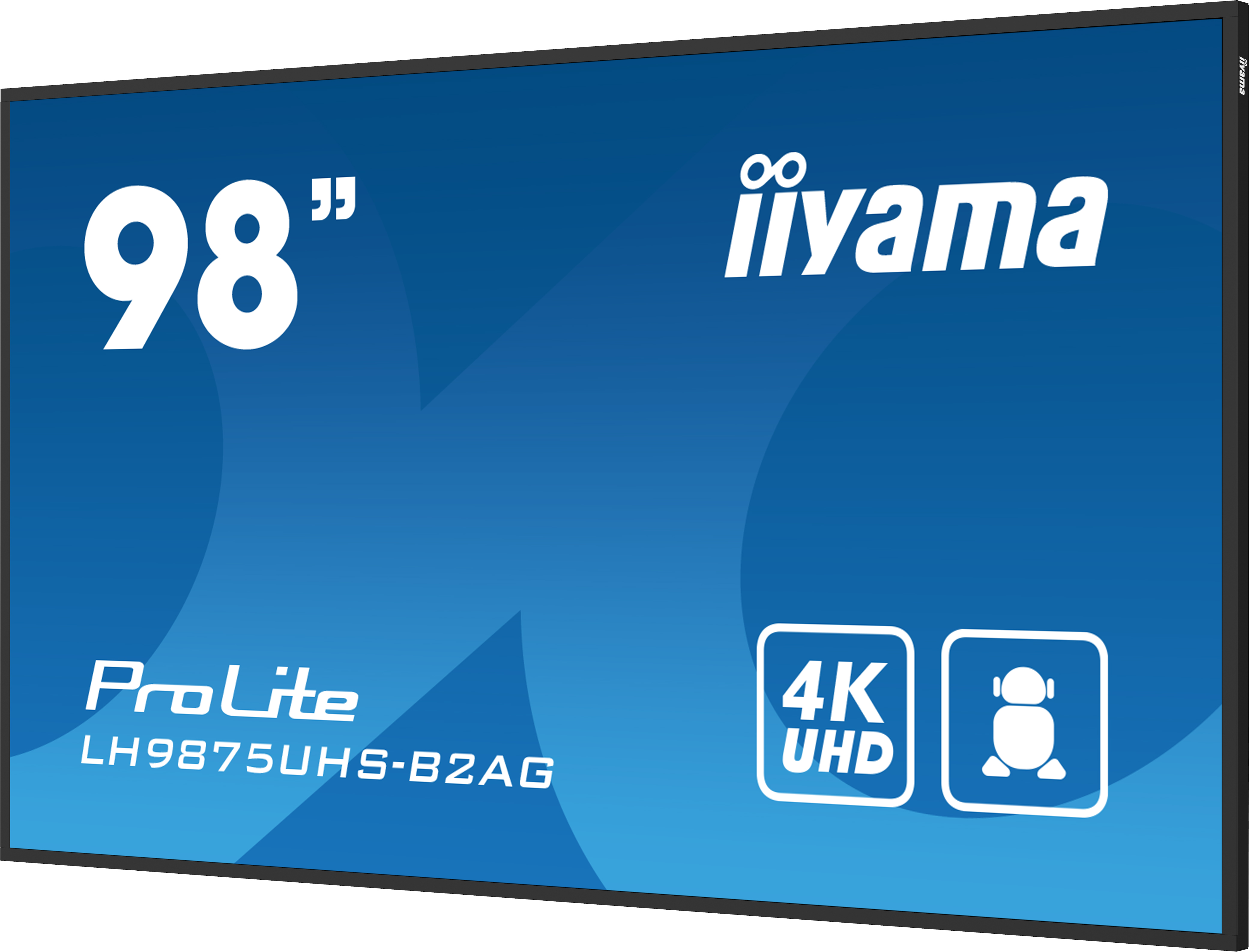 Großes Iiyama ProLite Display mit Text und Logos. Es ist ein 98 Zoll 4k UHD Bildschirm.