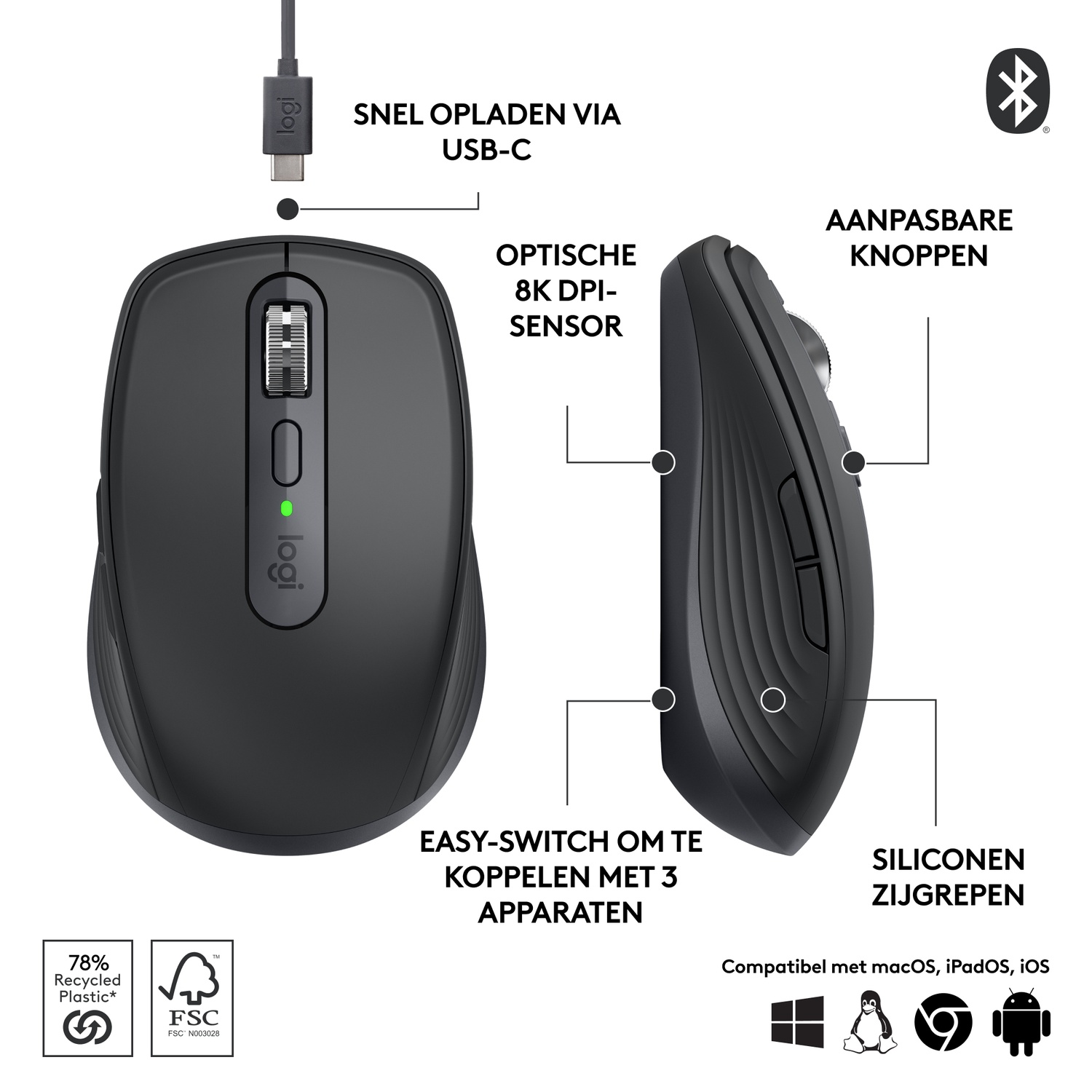 Een zwarte Logitech-muis met extra knoppen en een USB-C-kabel.