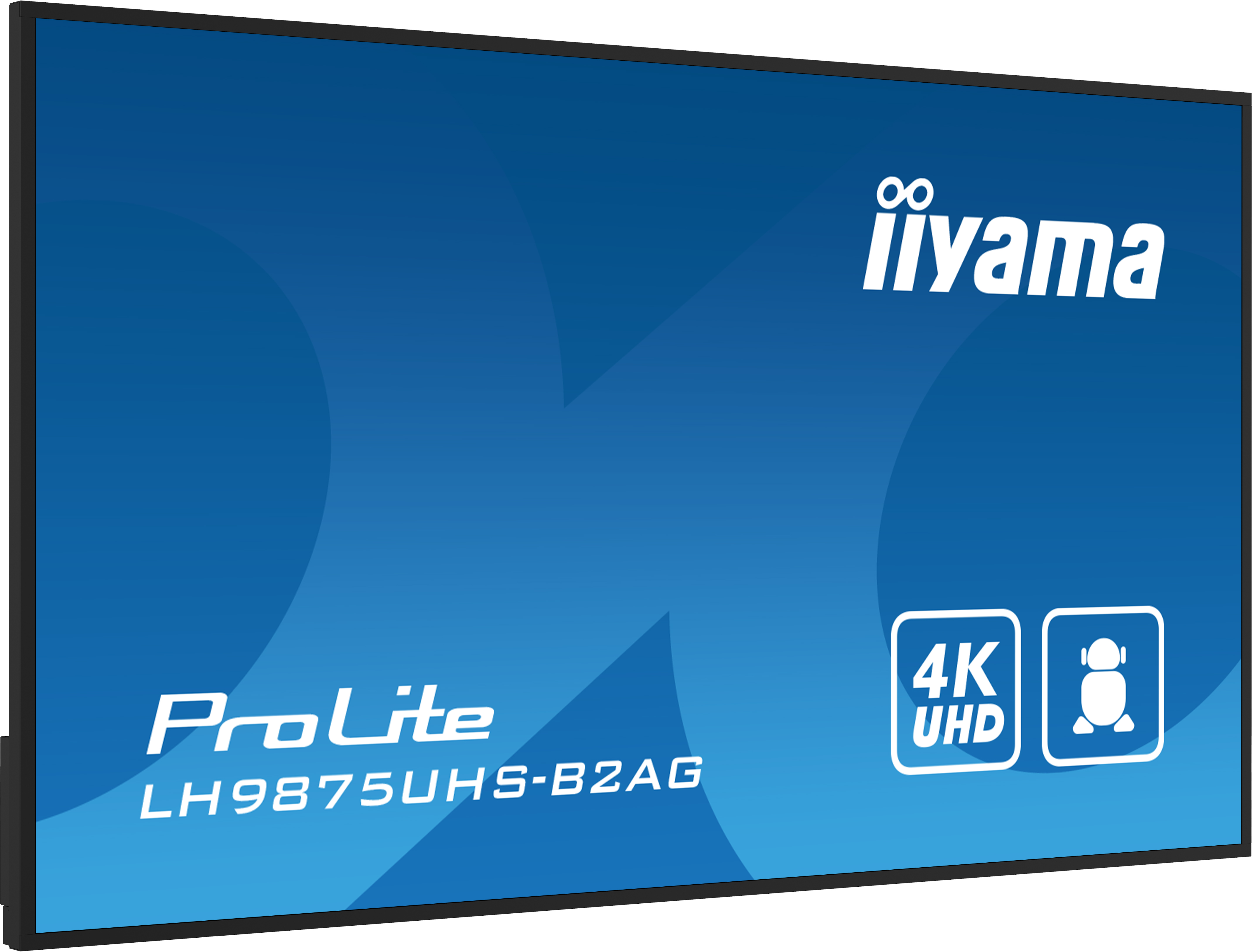 Großer Monitor mit blauem Hintergrund, Text "iiyama" und "ProLite". Enthält 4K UHD und ein Symbol.