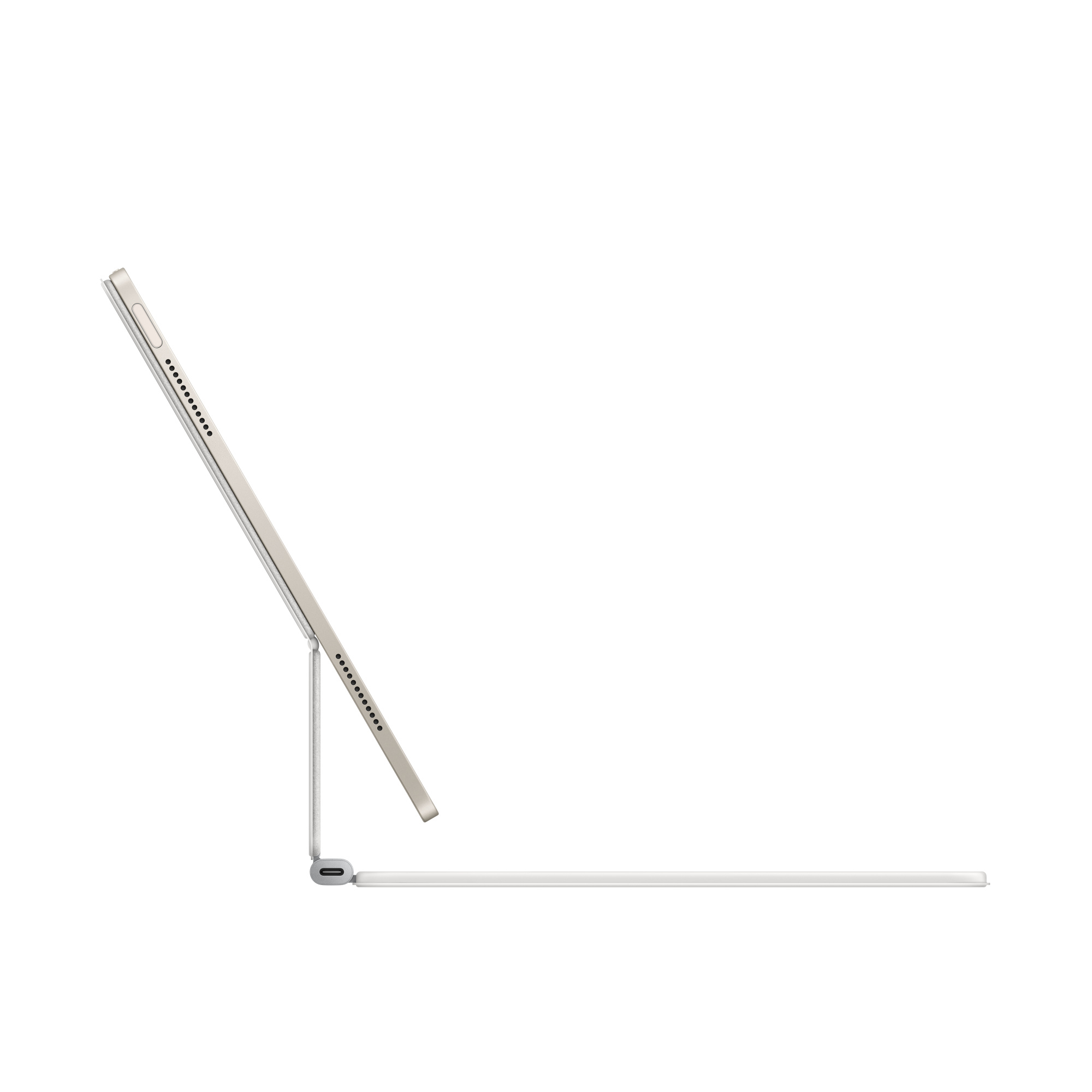 Una tableta con teclado, vista lateral. El teclado está adjunto y la pantalla está inclinada.