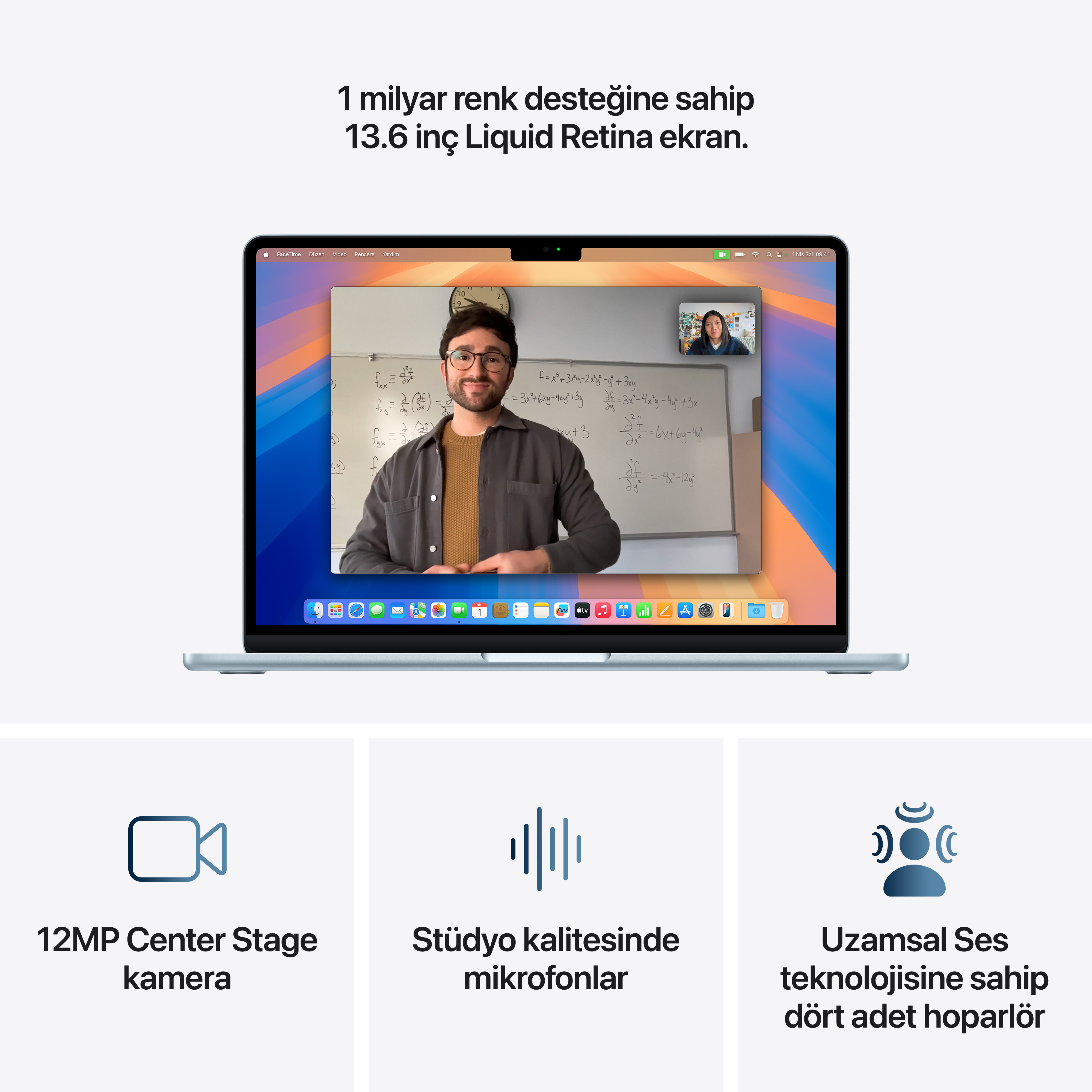 Bir video görüşmesi gösteren bir dizüstü bilgisayar, kamera, mikrofon ve hoparlör simgeleriyle.