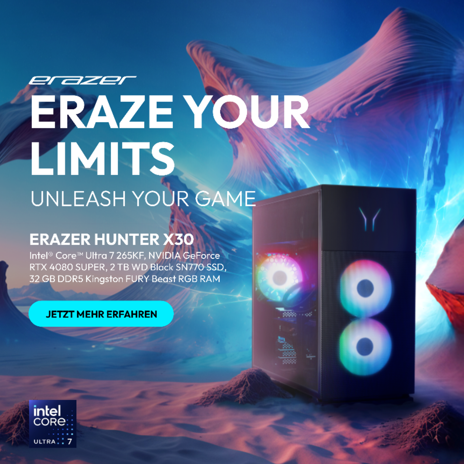Gaming pc met lichten. De titel is 'Erase Your Limits'. De tekst is wit.