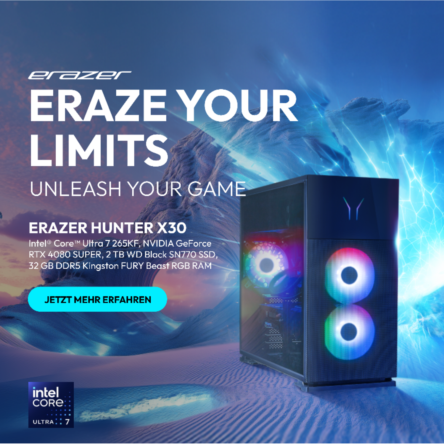 Advertentie voor Erazer gaming pc, met een zwarte toren met kleurrijke verlichting.