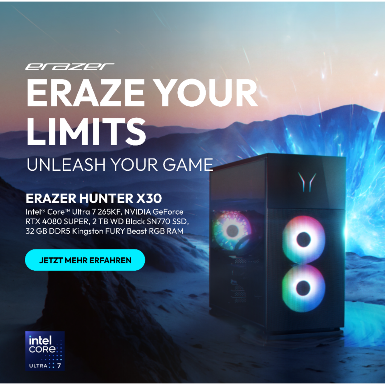 Zwarte gaming-pc met RGB-ventilatoren en tekst 'ERAZER'. Blauwe en witte achtergrond.