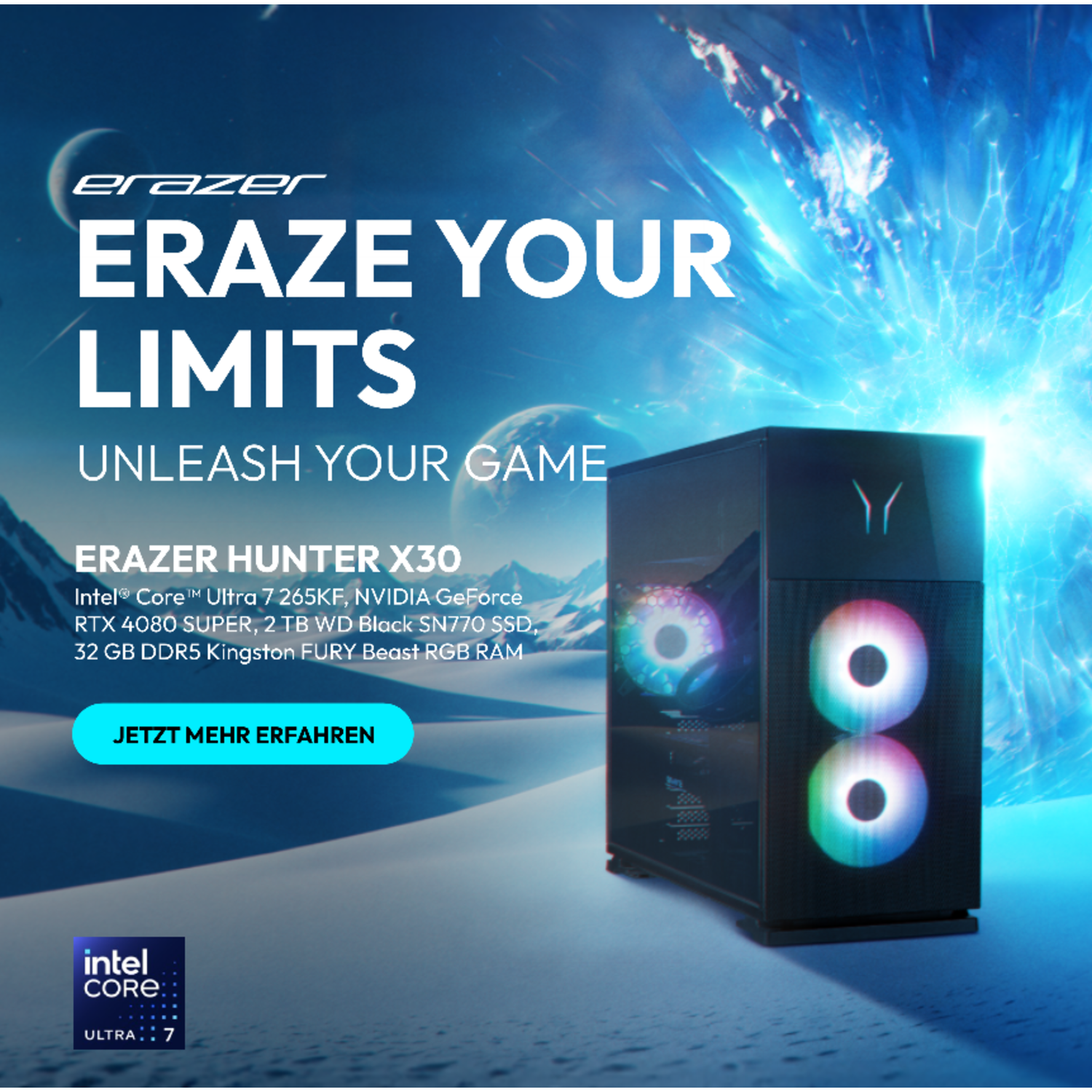 Een computerkast met gloeiende lichten, de tekst 'ERAZE YOUR LIMITS' en specificaties.